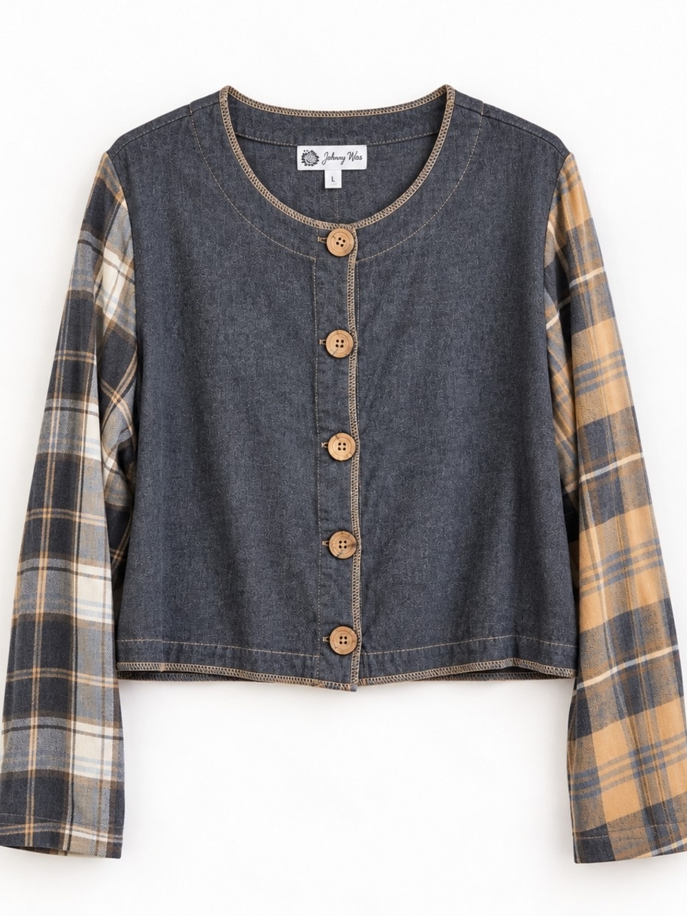 Johnny Was Collection L Cropped Plaid Sleeve Button Front Jacket Top
